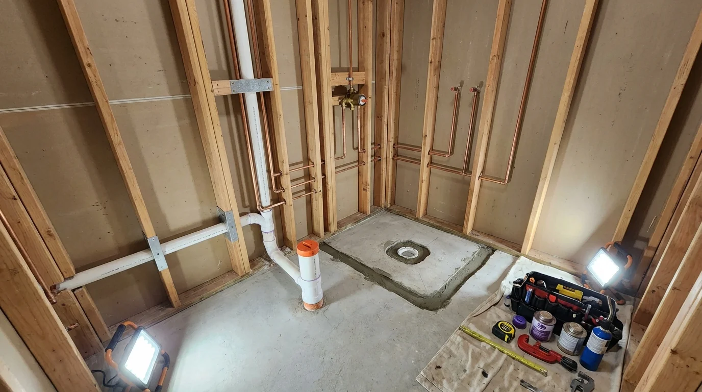 Bathroom rough-in plumbing during remodel by Johns Plumbing LLC in Smith