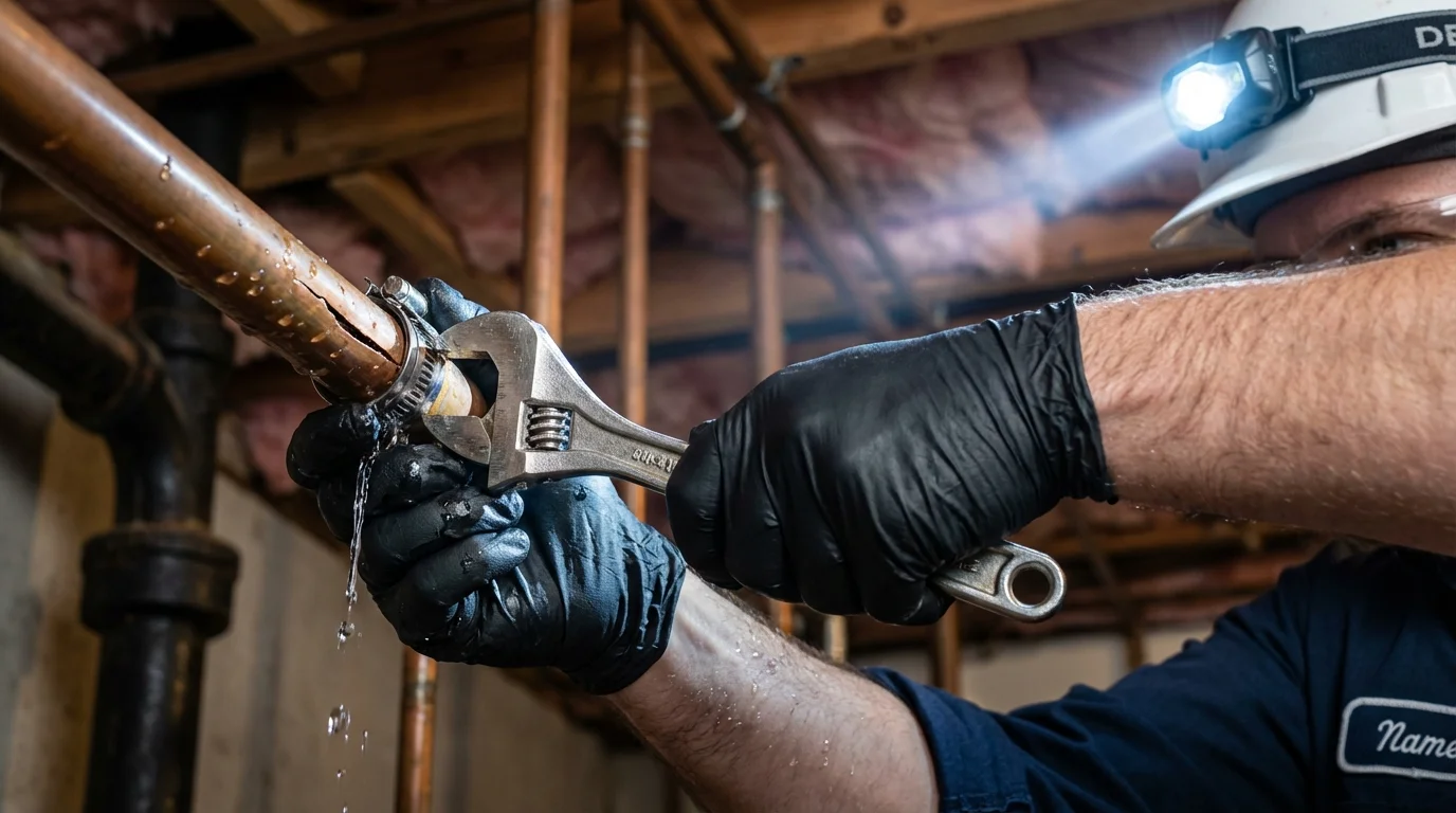 Emergency pipe clamp repair being performed by a Johns Plumbing LLC plumber in Smith