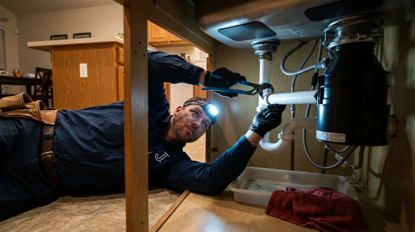 P-trap and supply line connections under a kitchen sink showing a common leak point in Smith, NV